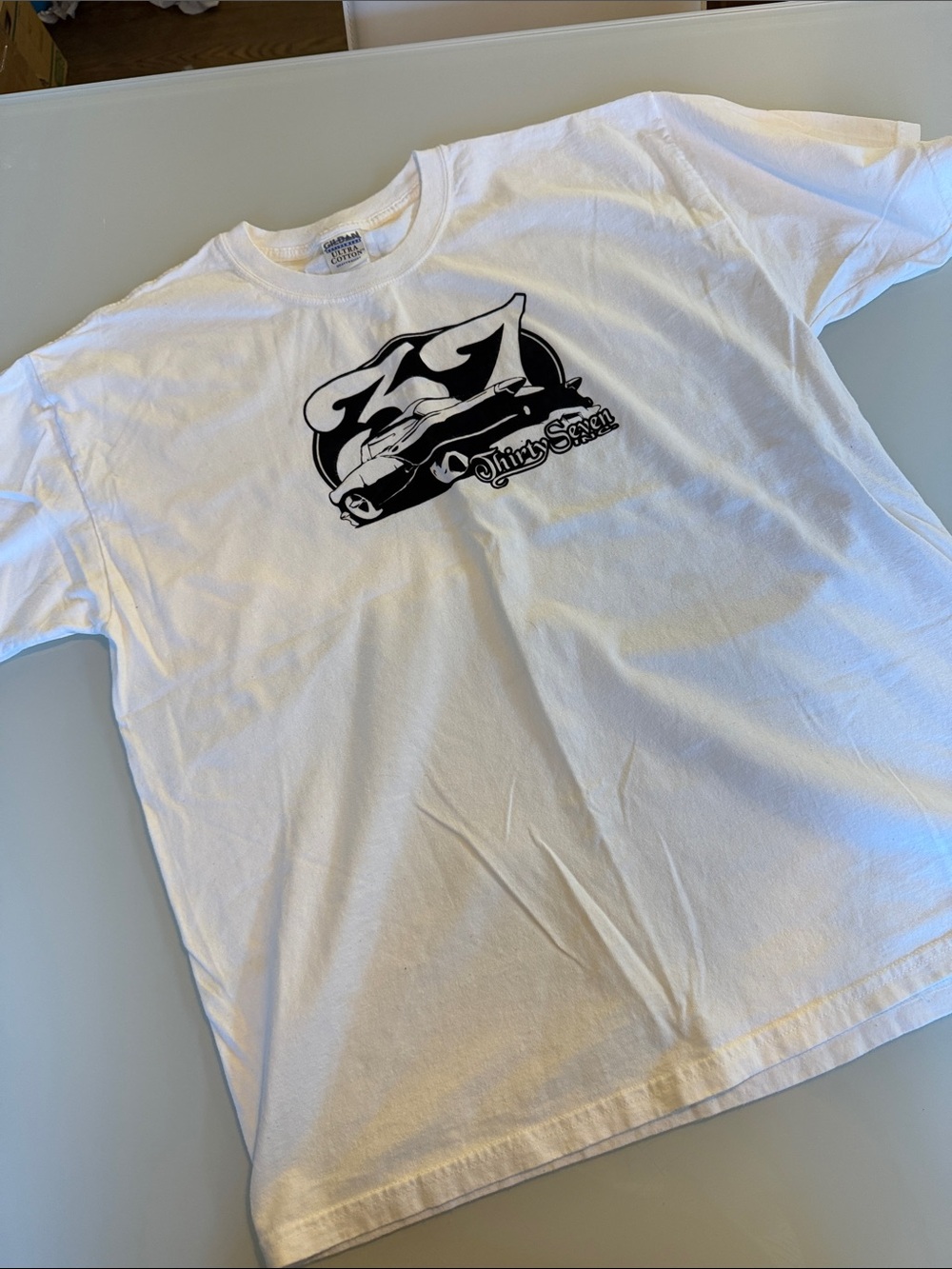 Gildan White Short Sleeve Tee with Black Car Graphic